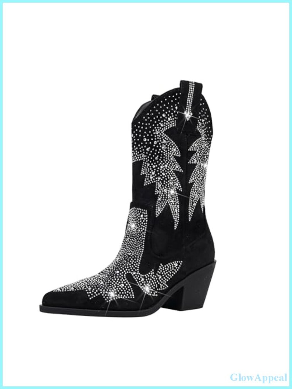Rhinestone Suede Mid-Calf Western Boots Pointed Toe Heeled